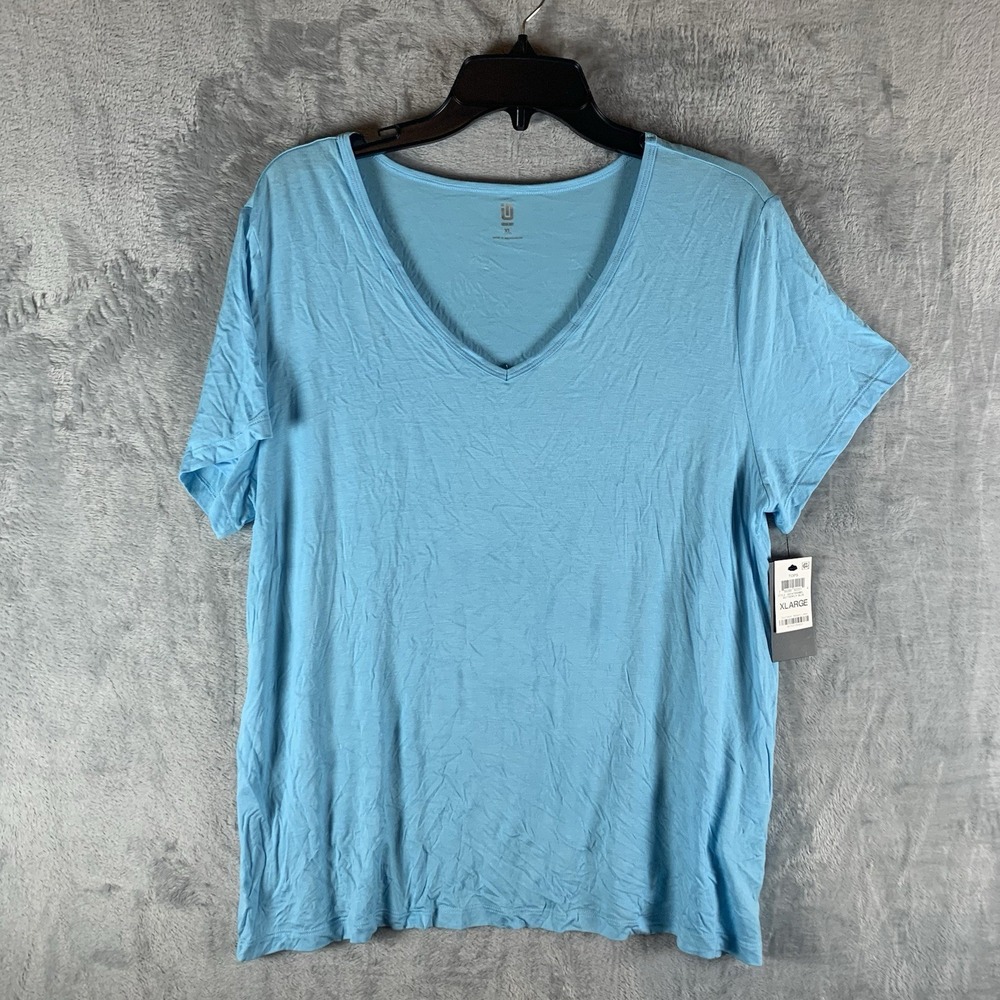 Ideology Womens XL Top V Neck T Tee Shirt Butterfly Blue Loose Fit Short‎ Sleeve